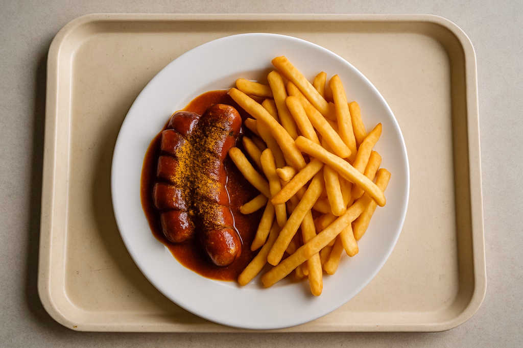 Currywurst vom Grill mit Crunchy Pommes frites (AI Generated)