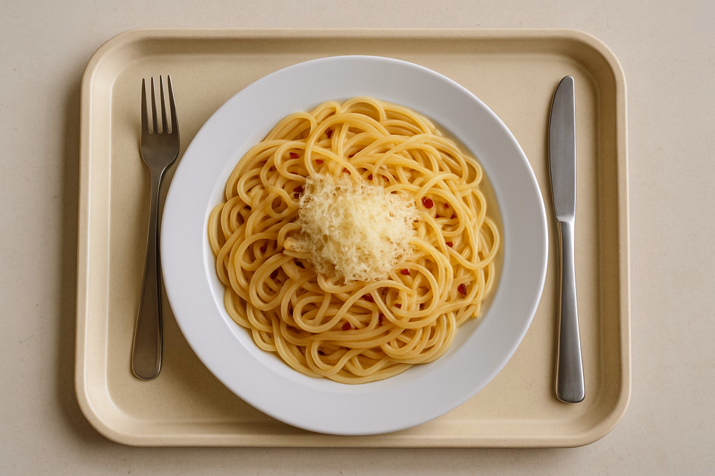 Spaghetti "Aglio e Olio" mit Chili & Knoblauch in Olivenöl, dazu geriebener Gran Moravia (AI Generated)