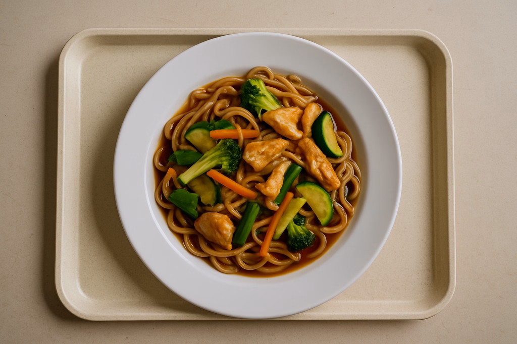 Asia Nudelpfanne mit frischem Gemüse & Hähnchen und Teriyakisoße a)Asia Grundsoße (vegan) (Z2,Z3,A1,A6,A9,A11,A12,A15,K) (AI Generated)