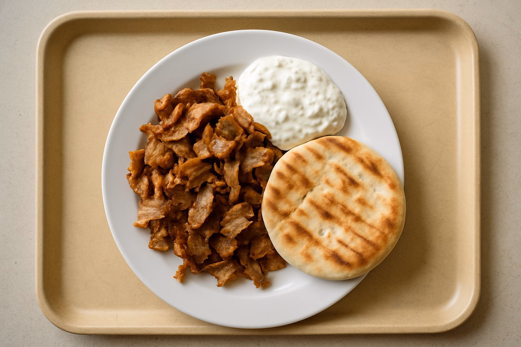Kebabteller vom Drehspieß hausgemachtem Tsatsiki und Fladenbrot (AI Generated)
