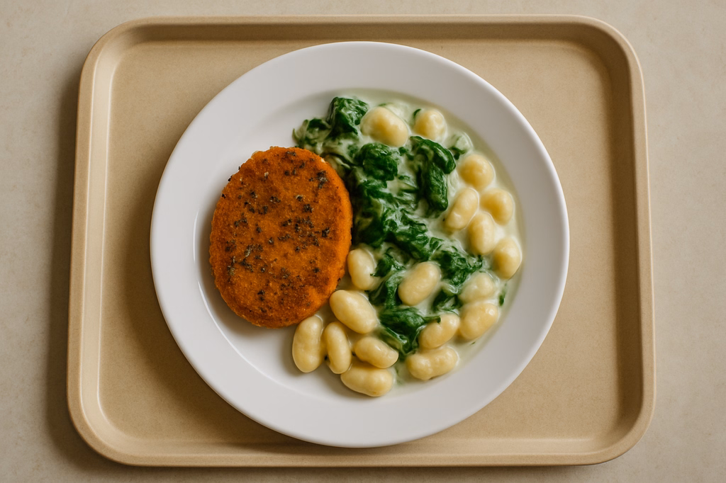 Gebackener Kürbis-Chiasamenröstling mit Blattspinat in Rahm Gnocchi aus der Pfanne (AI Generated)