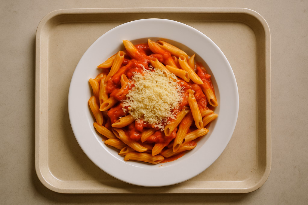Penne "all Arrabbiata" in feuriger Tomaten-Peperonata-Soße & veganem Reibkäse (AI Generated)