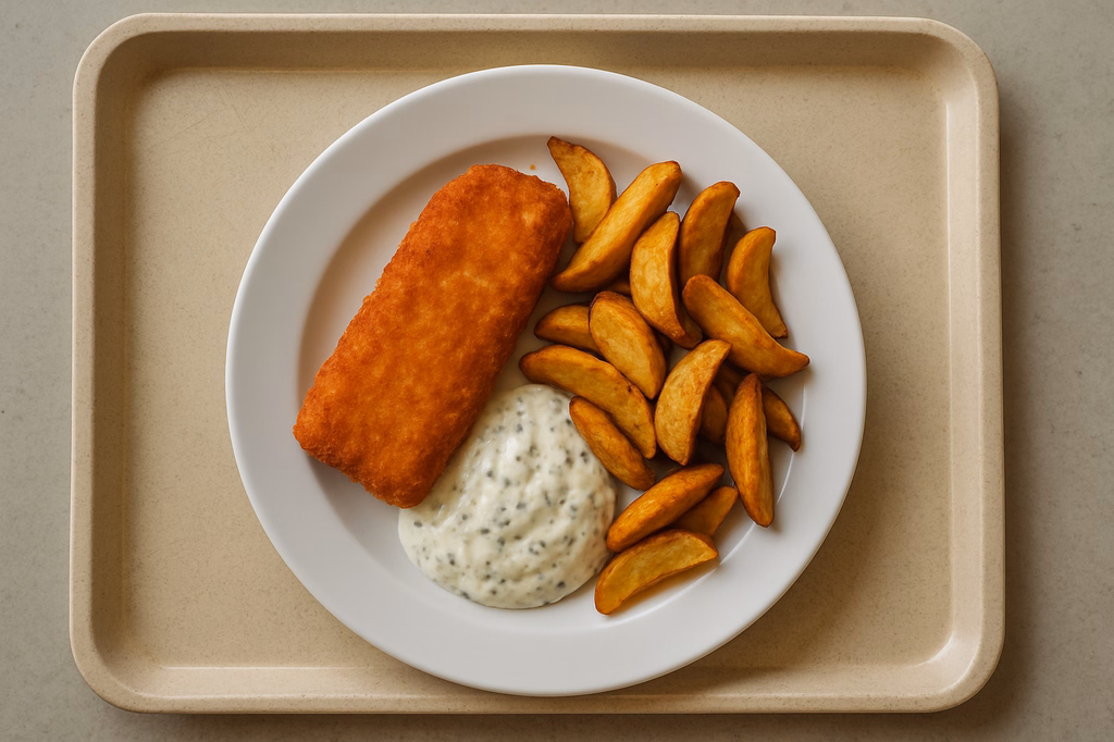 Seelachsfilet gebacken mit hausgemachtem Kräuterdip und Country Wedges (AI Generated)