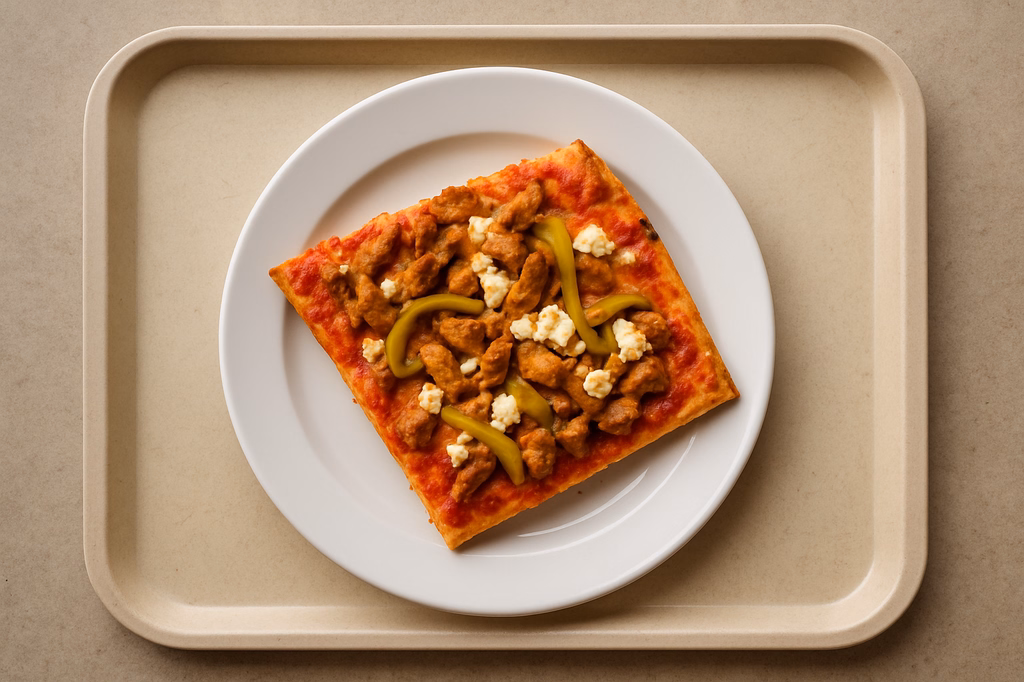 Pizza "Gyros" mit Hähnchen, Peperoni & Hirtenkäse überbacken (AI Generated)