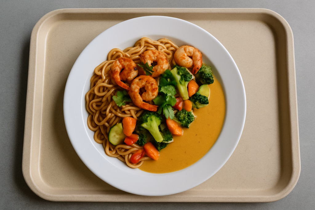 Asia Nudelpfanne mit marinierten Garnelen, frischem Gemüse, Koriander und freier Soßenauswahl Asia süß-saure Soße Thai Kokoscurrysoße (AI Generated)