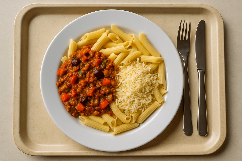 Penne mit mediterraner Soja-Gemüse-Bolognese und veganem Reibkäse (AI Generated)