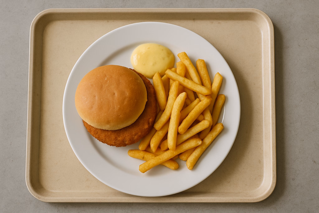 Chicken Crunchy Burger mit Curry - Ananasdip Super Crunch Pommes frites (AI Generated)