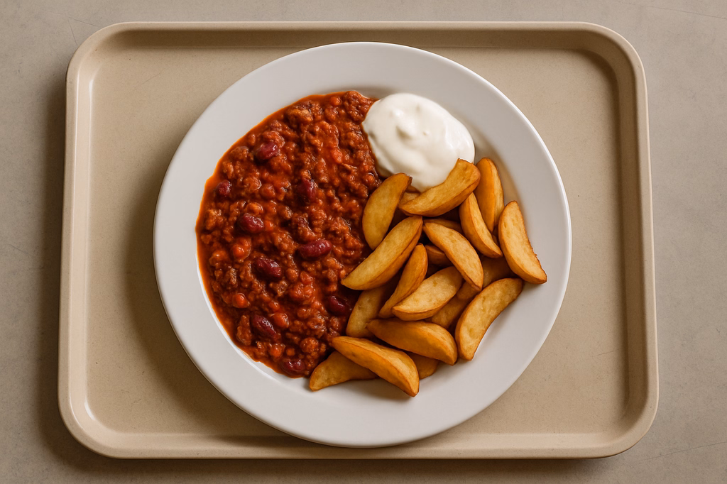 Chili con Carne aus reinem frischem Rinderhack mit Tabasco & Sour Cream Country Wedges (AI Generated)