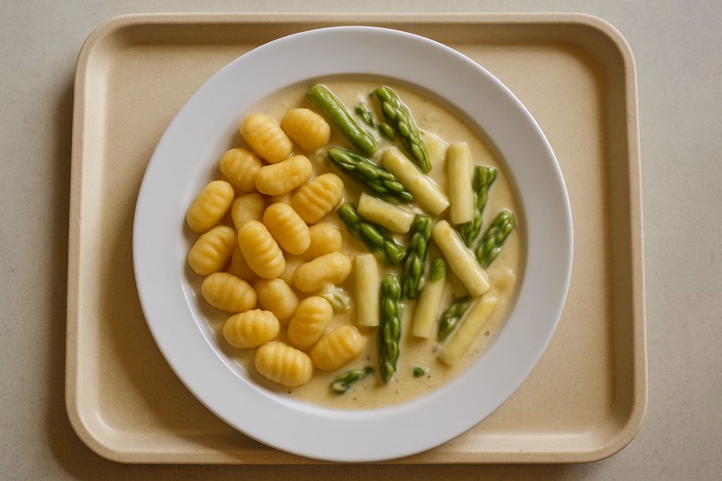 Gnocchi aus der Pfanne mit Spargelgemüse in veganer Rahmsoße (AI Generated)