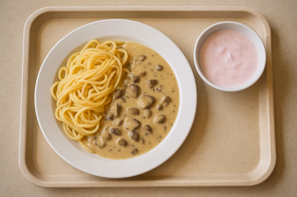Linguine mit Champignonrahmsoße und Fruchtjoghurt (AI Generated)
