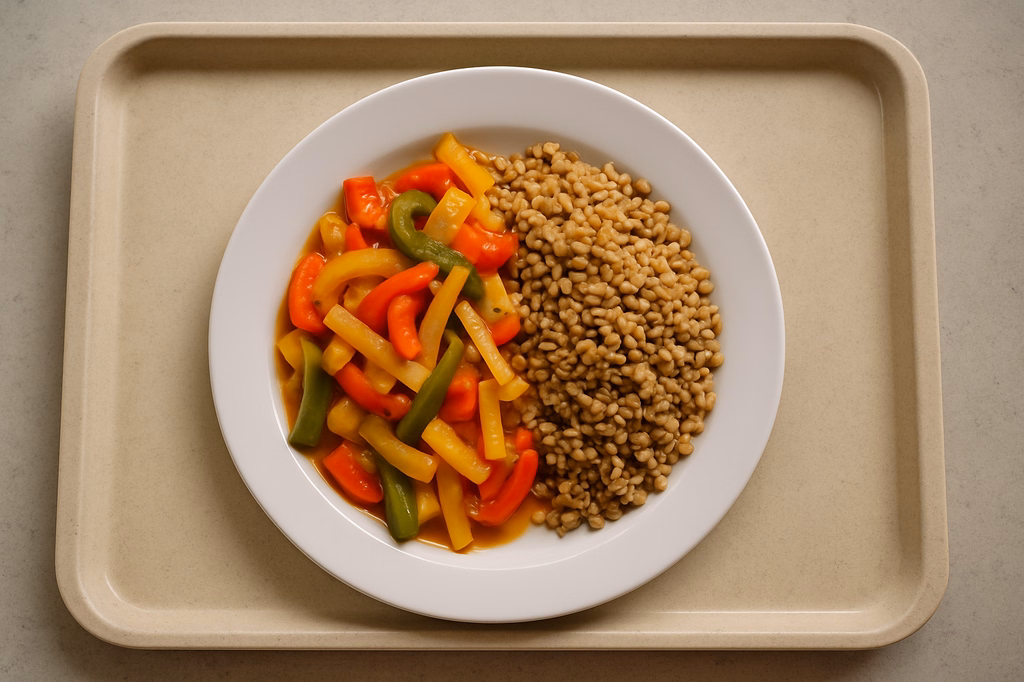 mensaVital: Bunte Paprikapfanne mit Ingwer und Bambus dazu Zartweizen (AI Generated)