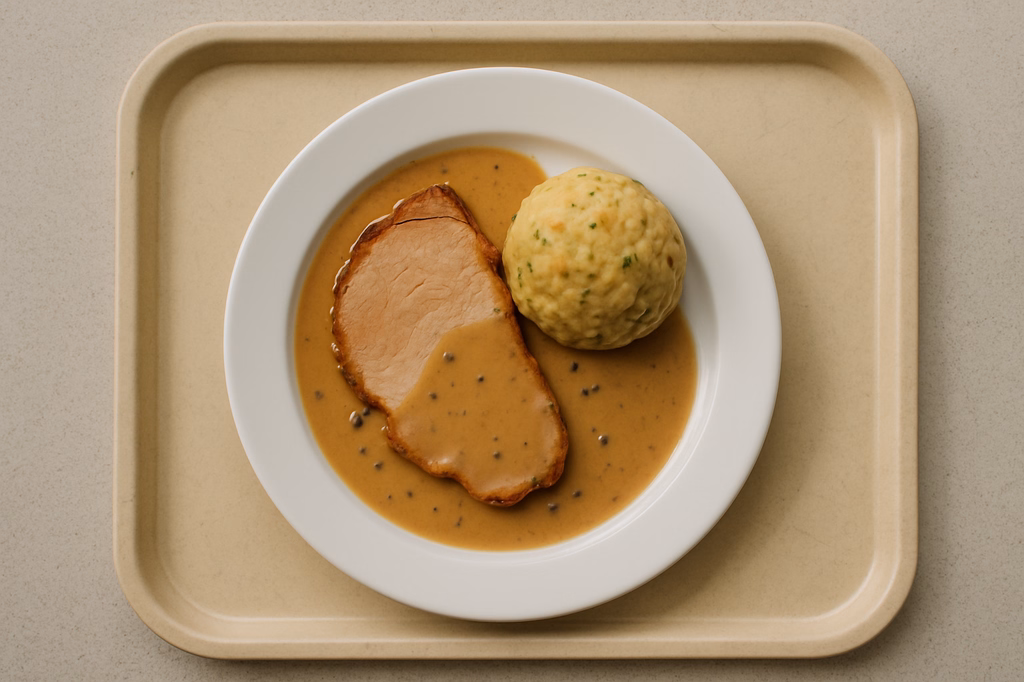 Ofenfrischer Schweinekammbraten in Pfefferrahmsoße mit Semmelknödel (AI Generated)