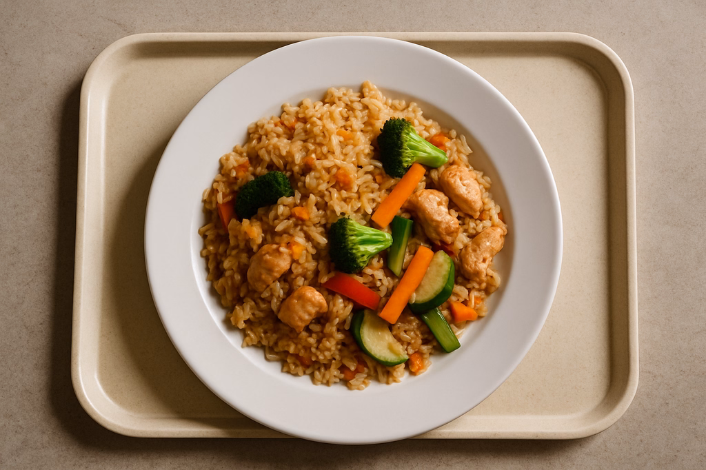 "Nasi Goreng" gebratener Reis mit Ei, Wokgemüse & Hähnchen (AI Generated)