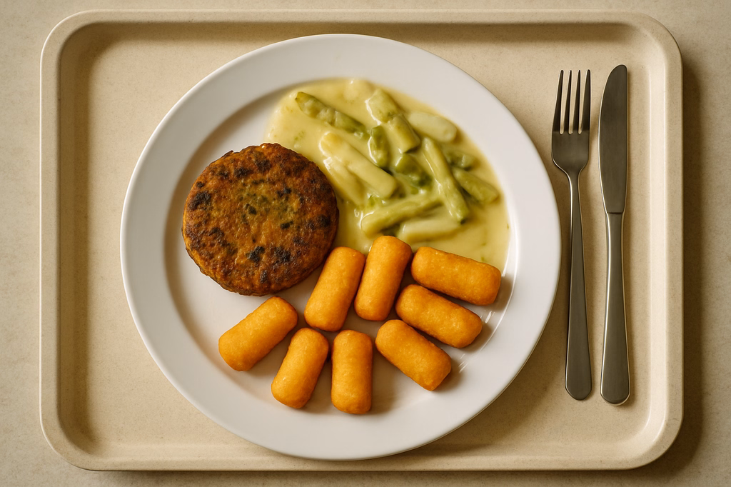 Gemüsefrikadelle mit Spargelgemüsesoße Kartoffelkroketten (AI Generated)