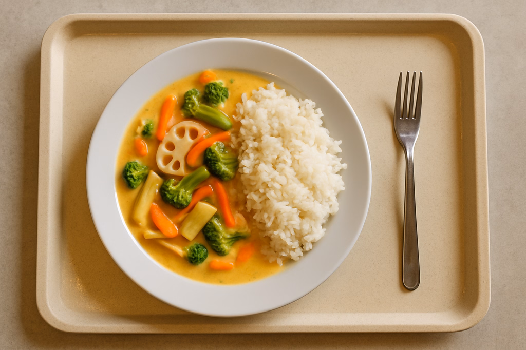 Mildes "Thai Curry" in Kokosmilch mit frischem Gemüse, Lotuswurzeln & Zitronengras dazu Reis. (AI Generated)