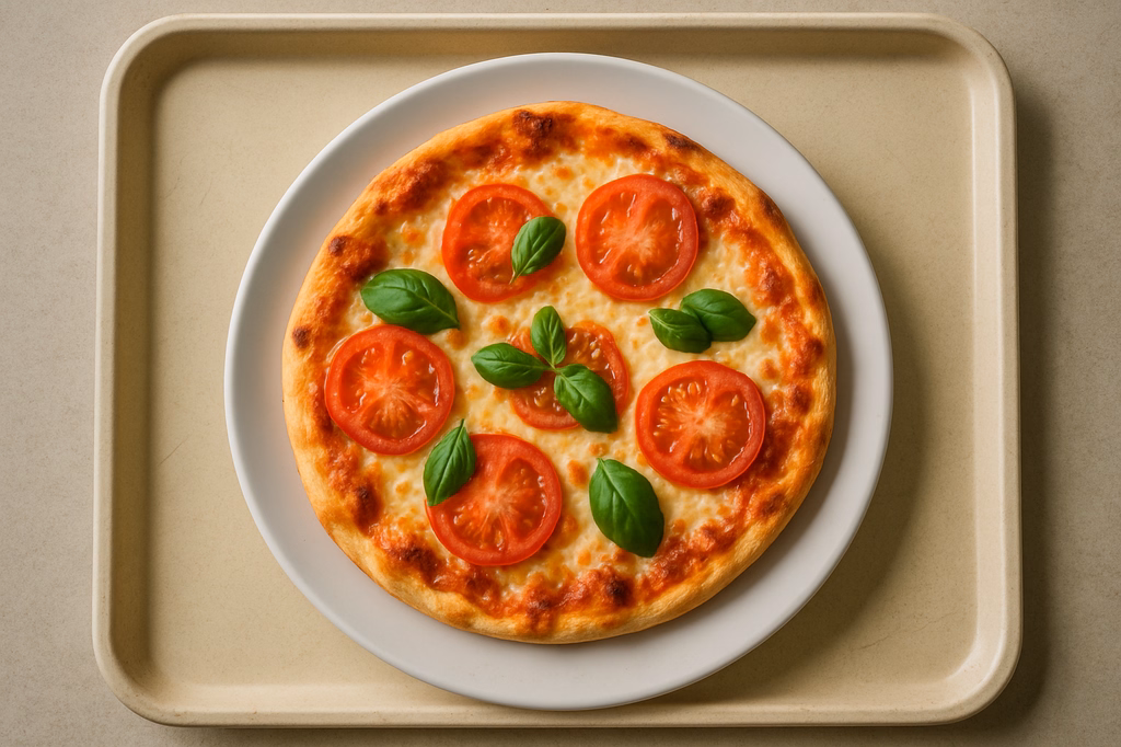 Pizza "Margherita" mit frischen Tomaten, Basilikum & Mozzarella überbacken (AI Generated)
