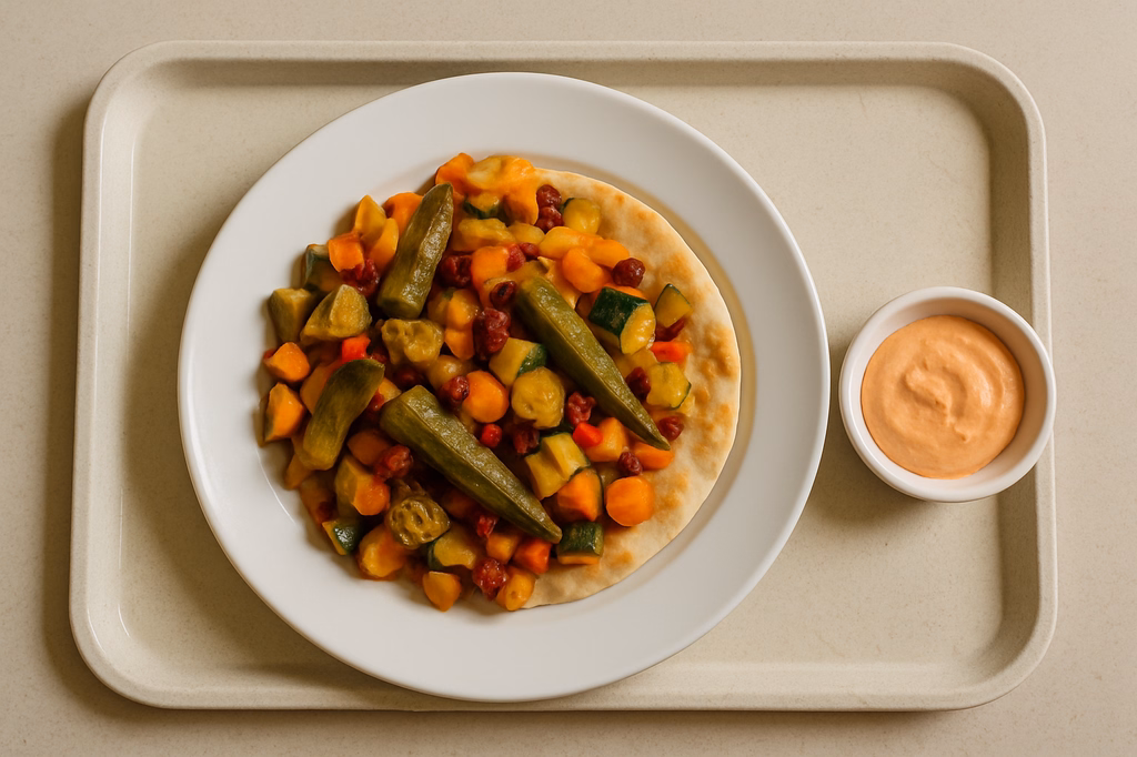 Orientalische Gemüspfanne mit Okraschoten & Berberitzen auf Fladenbrot dazu veganer Tandoori Dip (AI Generated)