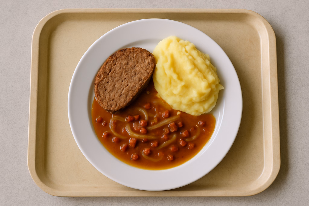 Hackbraten aus Rind und Schweinefleisch hausgemachtes Kartoffelpüree Zwiebelsoße mit Speckwürfel (AI Generated)