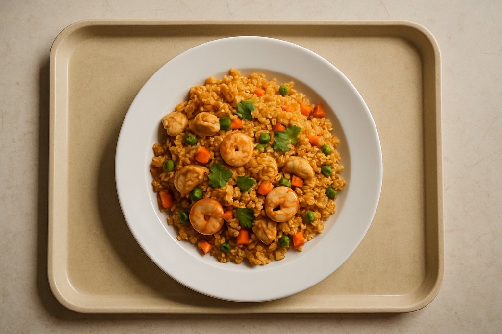 "Nasi Goreng" gebratener Reis mit Ei, Gemüse, Hühnchen, Garnelen & frischem Koriander (AI Generated)