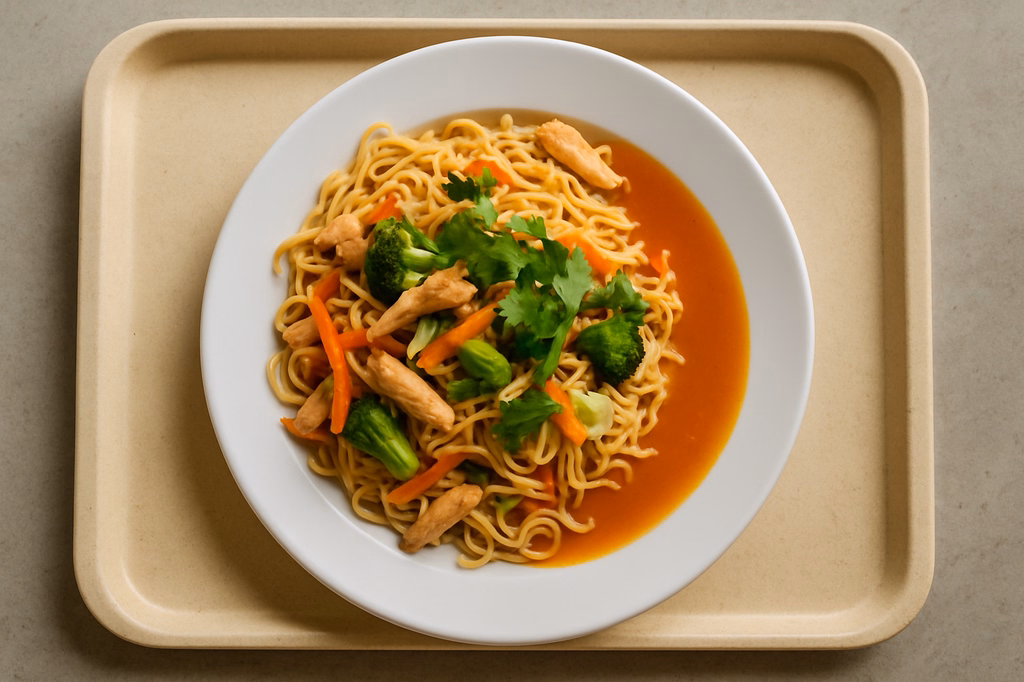 Asia Nudelpfanne mit Hähnchen, frischem Gemüse, Koriander und Soße zur Wahl Asia süß-saure Soße Thai Kokoscurrysoße (AI Generated)