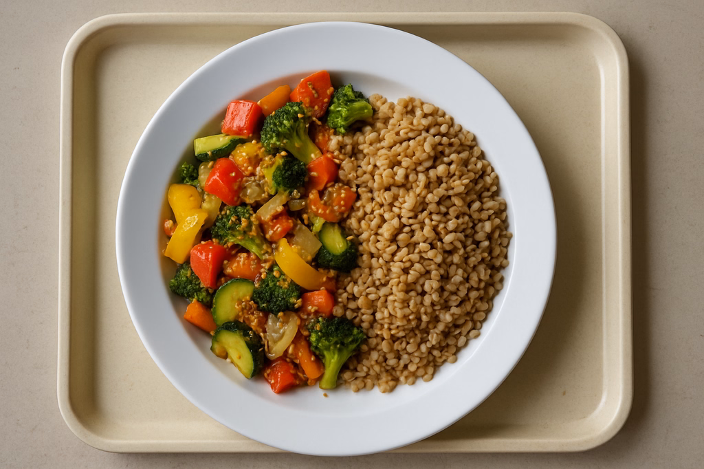 mensaVital: Bunte vegane Gemüsepfanne mit frischem Paprika, Sesam & Quinoa dazu Zartweizen (AI Generated)
