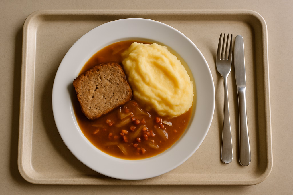 Hackbraten aus Schweinefleisch hausgemachtes Kartoffelpüree Zwiebelsoße mit Speckwürfel (AI Generated)