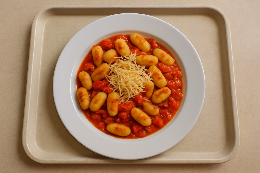 Kartoffelgnocchi aus der Pfanne mit Tomaten Gemüsesugo veganer Reibkäse (AI Generated)
