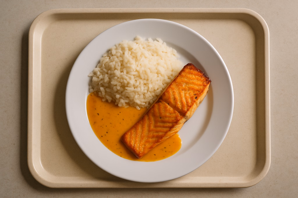 Gebratenes frisches Lachsfilet an Orangen Pfeffersoße Reis (AI Generated)