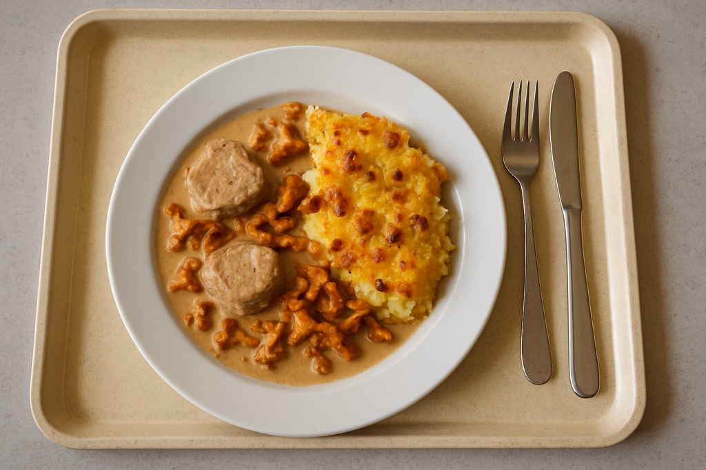 Schweinelendchen Rahmsoße von frischen Pfifferlingen & Speckwürfel Kartoffelgratin (AI Generated)