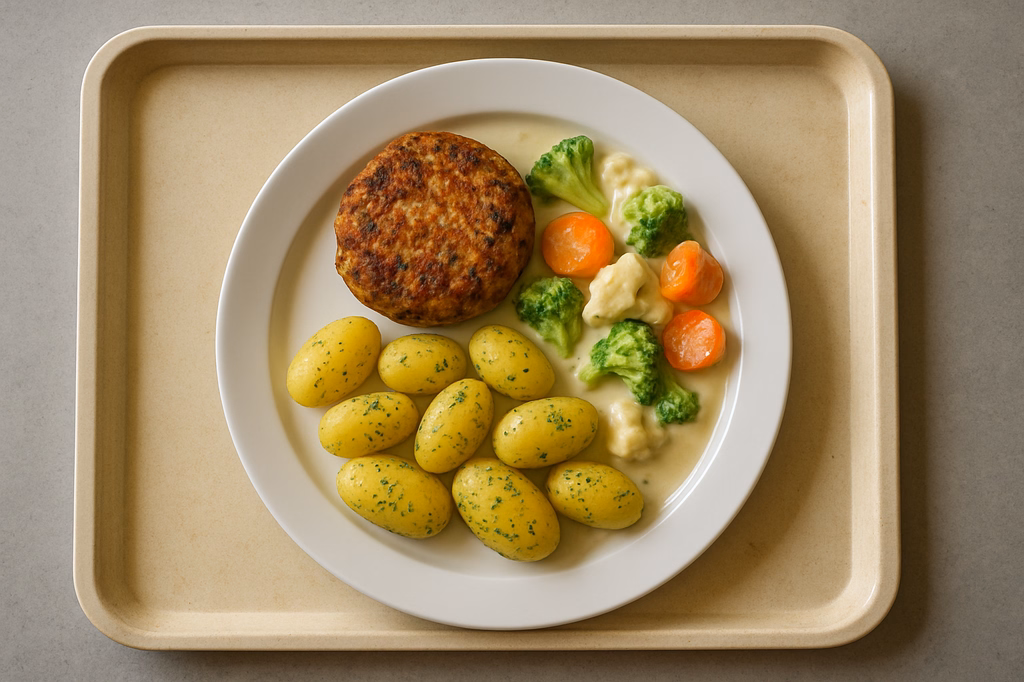 Gemüsefrikadelle mit Kaisergemüse in Rahm Gekräuterte Kartoffeln (AI Generated)