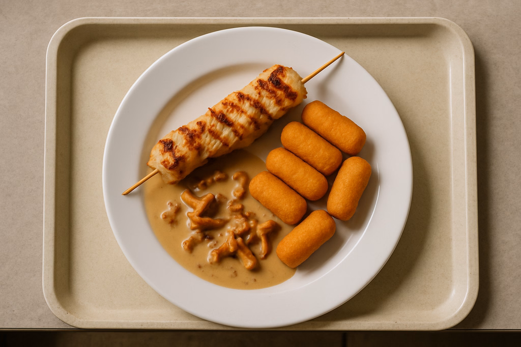 Gegrillter Hähnchenfiletspieß Rahmsoße von frischen Pfifferlingen Kartoffelkroketten (AI Generated)