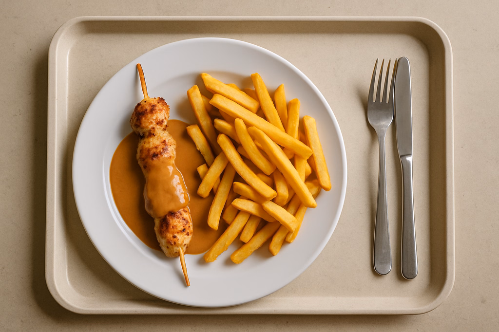 Hähnchenfiletspieß mit Erdnusssoße Steakhouse Pommes (AI Generated)