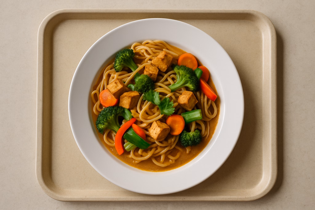 Asia Nudelpfanne mit marinierten Tofu, frischem Gemüse, Koriander und Erdnusssoße (AI Generated)