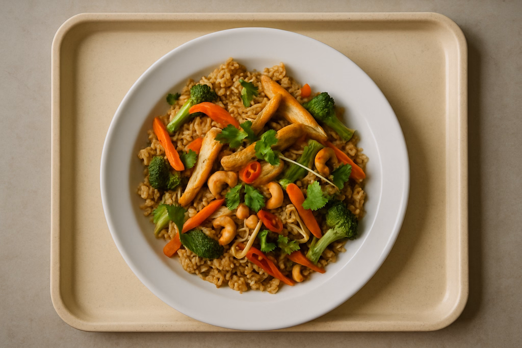 Gebratener Reis mit knackigen Wokgemüse, Hähnchenstreifen, Cashenuts, Koriander,Chili und Sojaspross (AI Generated)