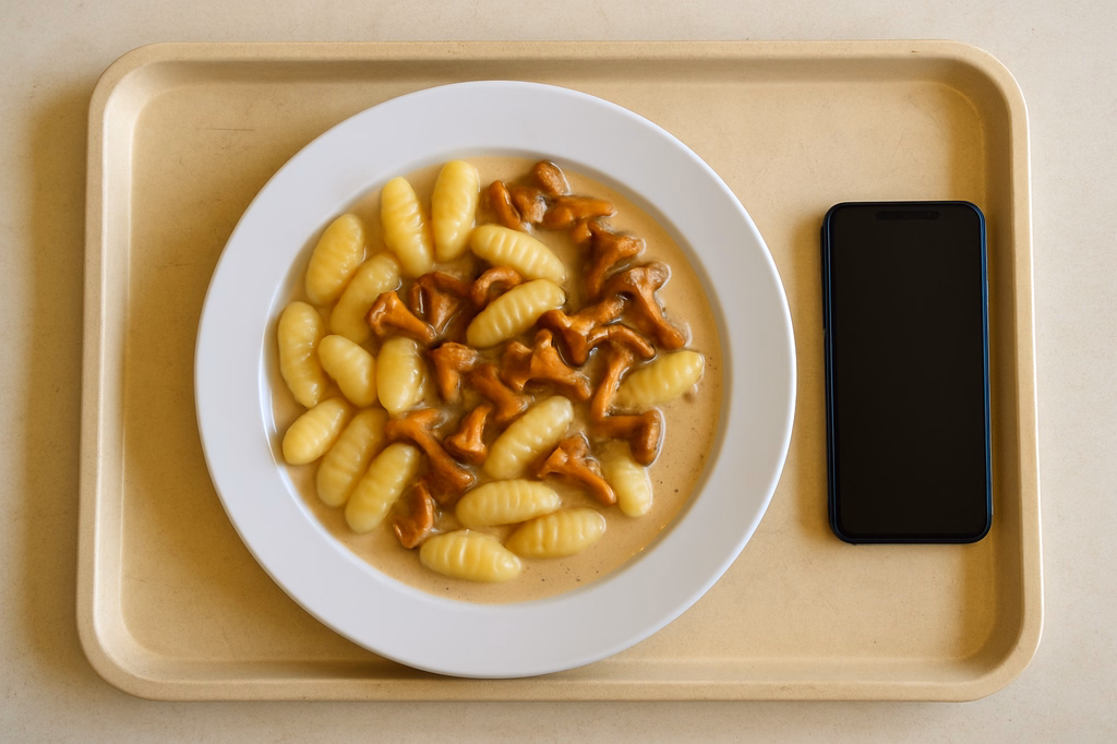 Kartoffelgnocchi aus der Pfanne mit frischen Pfifferlingen in veganer Rahmsoße (AI Generated)