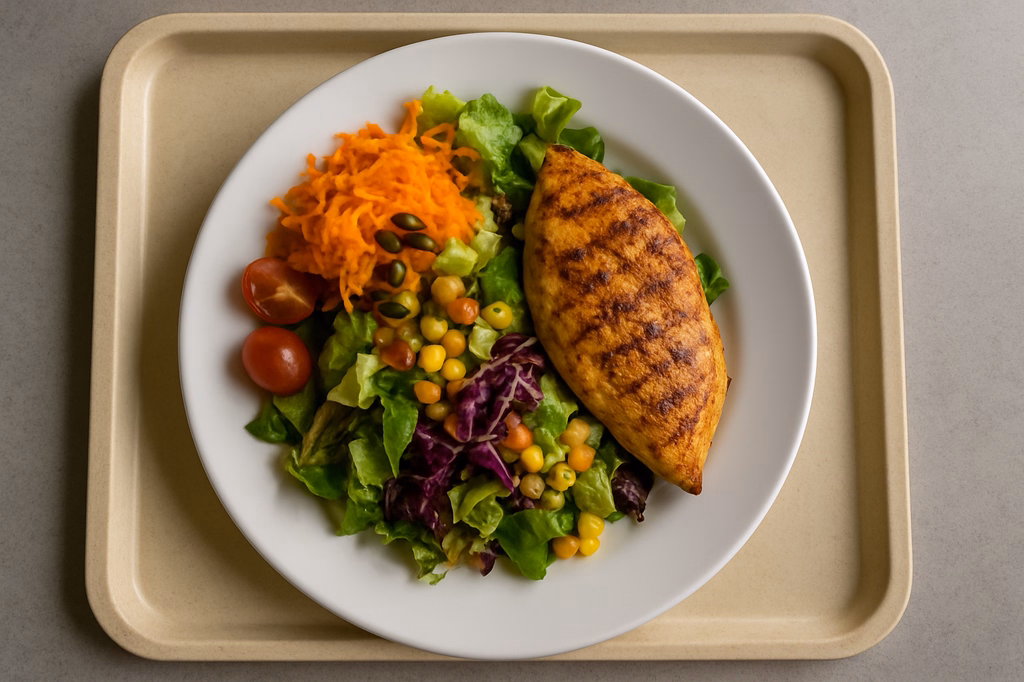 Herbstlicher Salatteller mit gegrillter Maishähnchenbrust (AI Generated)