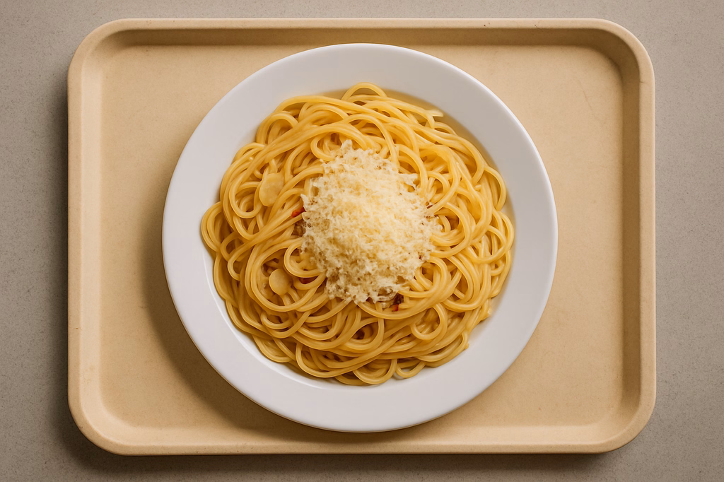 Spaghetti "Aglio Olio" mit veganem Reibkäse (AI Generated)