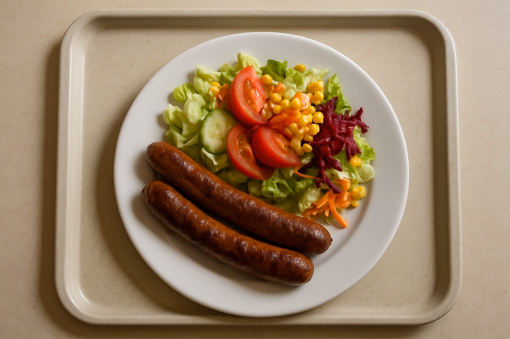 Ein Paar Bierbratwürste mit gemischtem Salat (AI Generated)