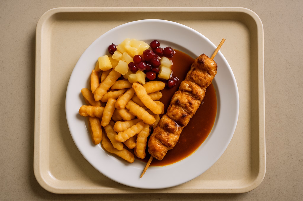 Hähnchenfiletspieß "BBQ Style" mit Ananas & Cranberries Crinkle Wedges (AI Generated)