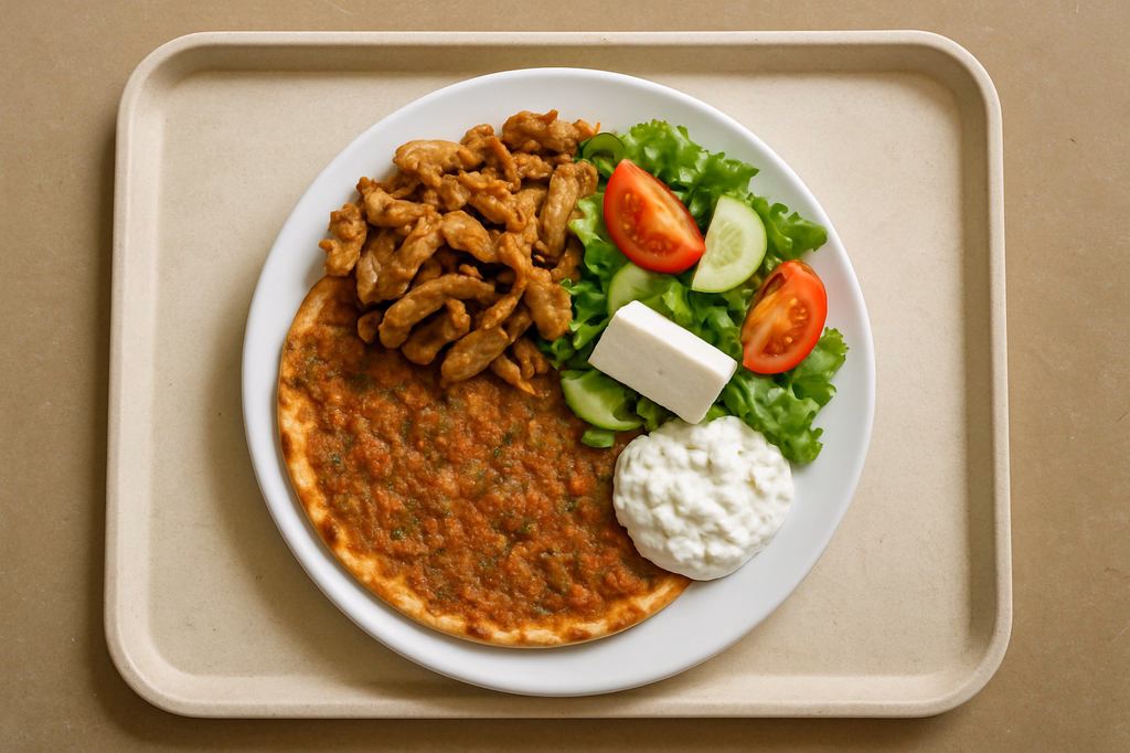Lahmacun mit Hähnchenkebab, Hirtenkäse, Salat und mit hausgemachtem Tsatsiki (AI Generated)