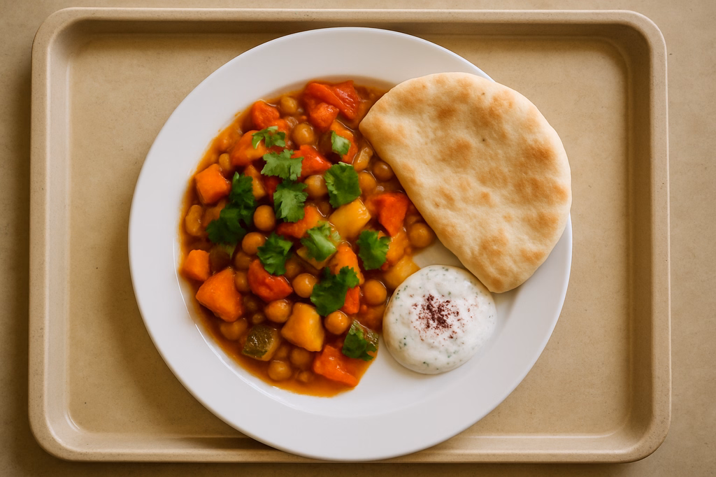 Tajine von frischen Gemüse, frischem Koriander mit Sumach, Fladenbrot & orientalischer Minz Joghurt Dip (AI Generated)