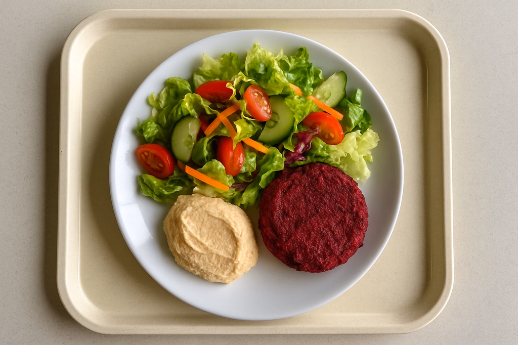 Sommerlicher Salatteller mit einem rote Beete Puffer und Hummus (AI Generated)