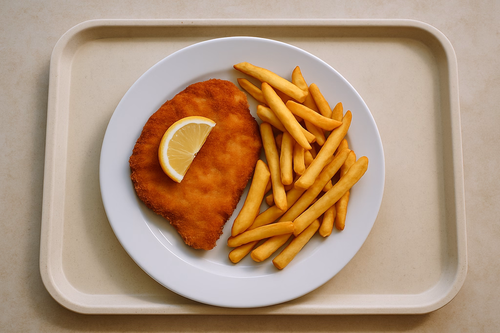 Paniertes Putenschnitzel mit Zitrone, dazu Super Crunch Pommes frites (AI Generated)