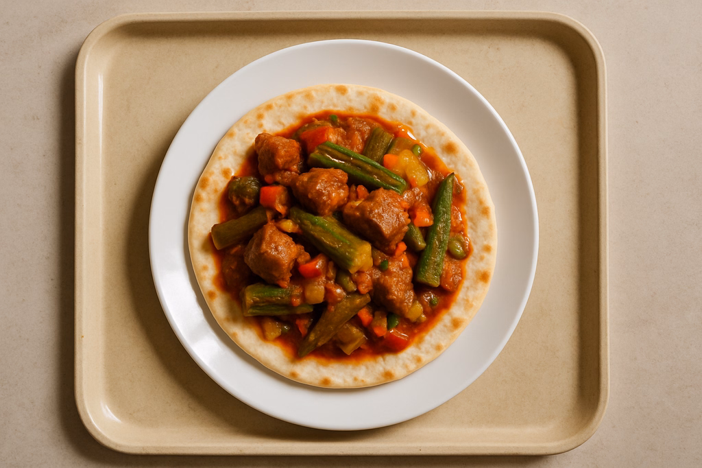 Lamm Curry "Karahi Gosht" mit Okraschoten & Gemüse auf Fladenbrot (AI Generated)
