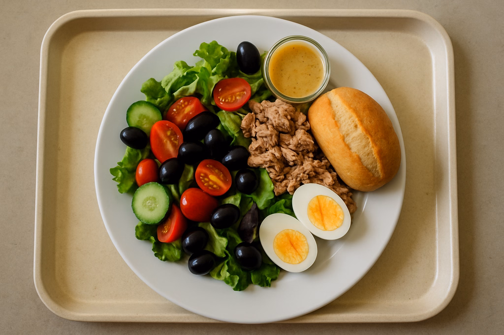 Großer Salatteller "Nicoise" mit Thunfisch, Oliven, Ei und Toskana Brötchen hausgemachter Honig-Senf-Dressing (AI Generated)