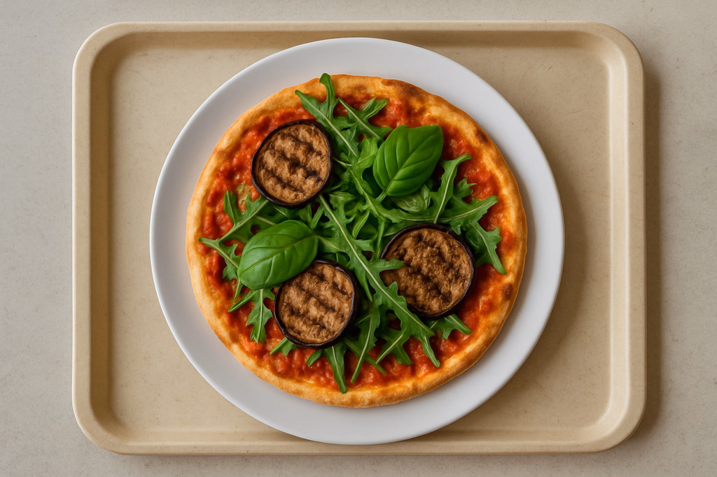 Vegane Pizza "Melanzane" mit gegrillten Auberginen, frischem Basilikum & Rucola (AI Generated)