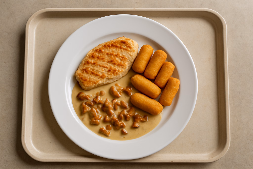 Putenbruststeak vom Grill mit Rahmsoße von frischen Pfifferlingen Kartoffelkroketten (AI Generated)