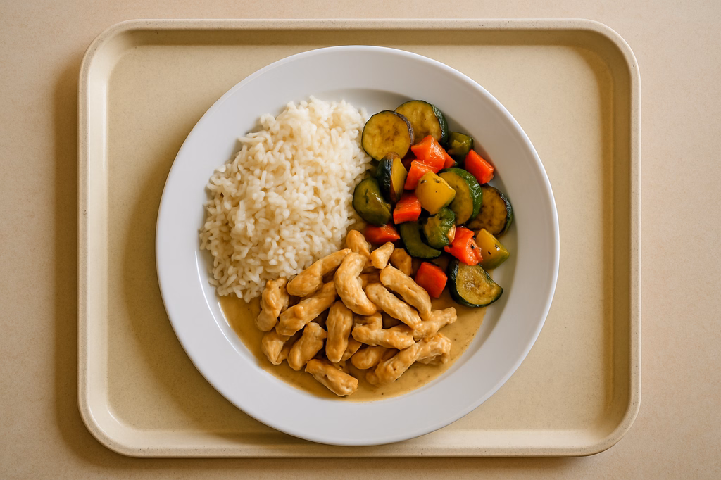 Geschnetzeltes von der Hähnchenbrust gegrilltes mediterranen Gemüse (AI Generated)