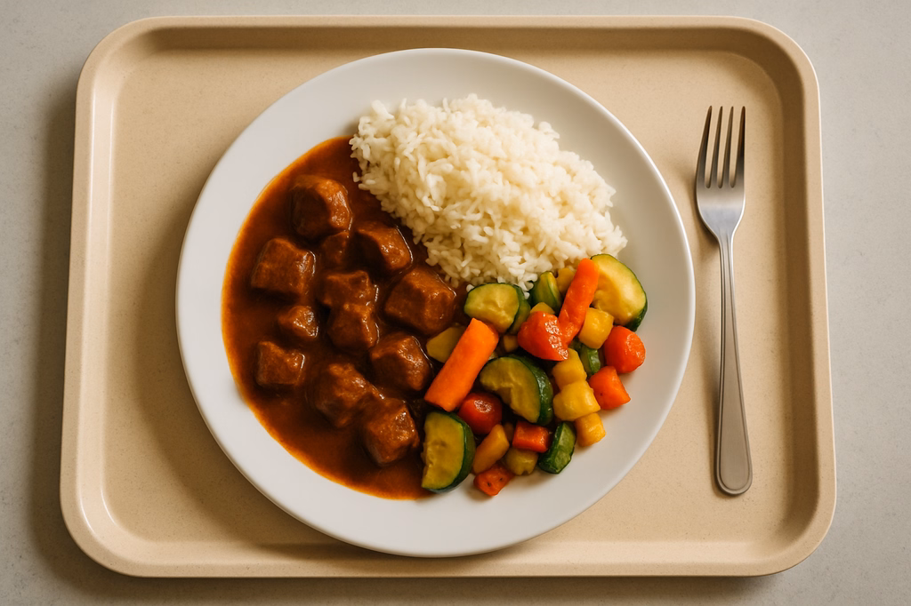 Beef goulash with rice and roasted vegetables (AI Generated)