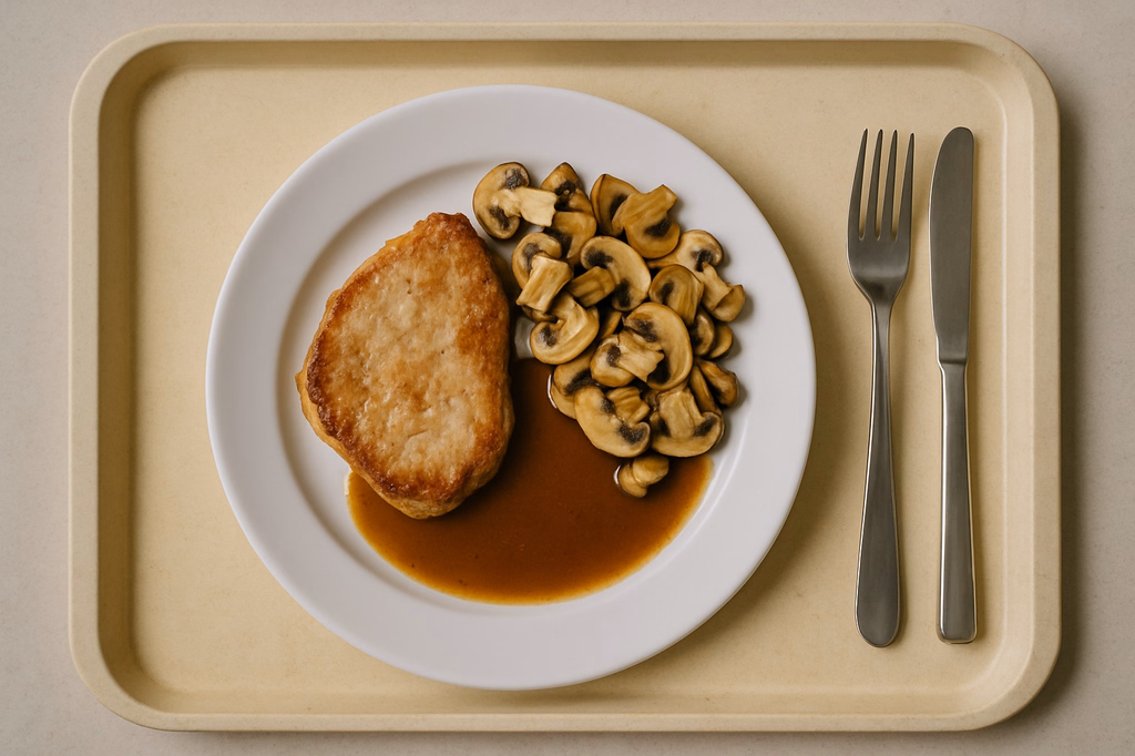 Schweinerückensteak mit sautierten Champignons und Bratenjus (AI Generated)